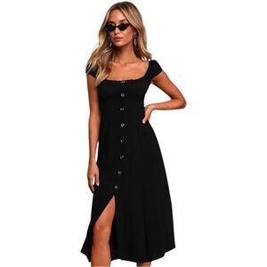 ASTR Bonjour Black Button-Front Midi Dress square neck short sleeve front slit S